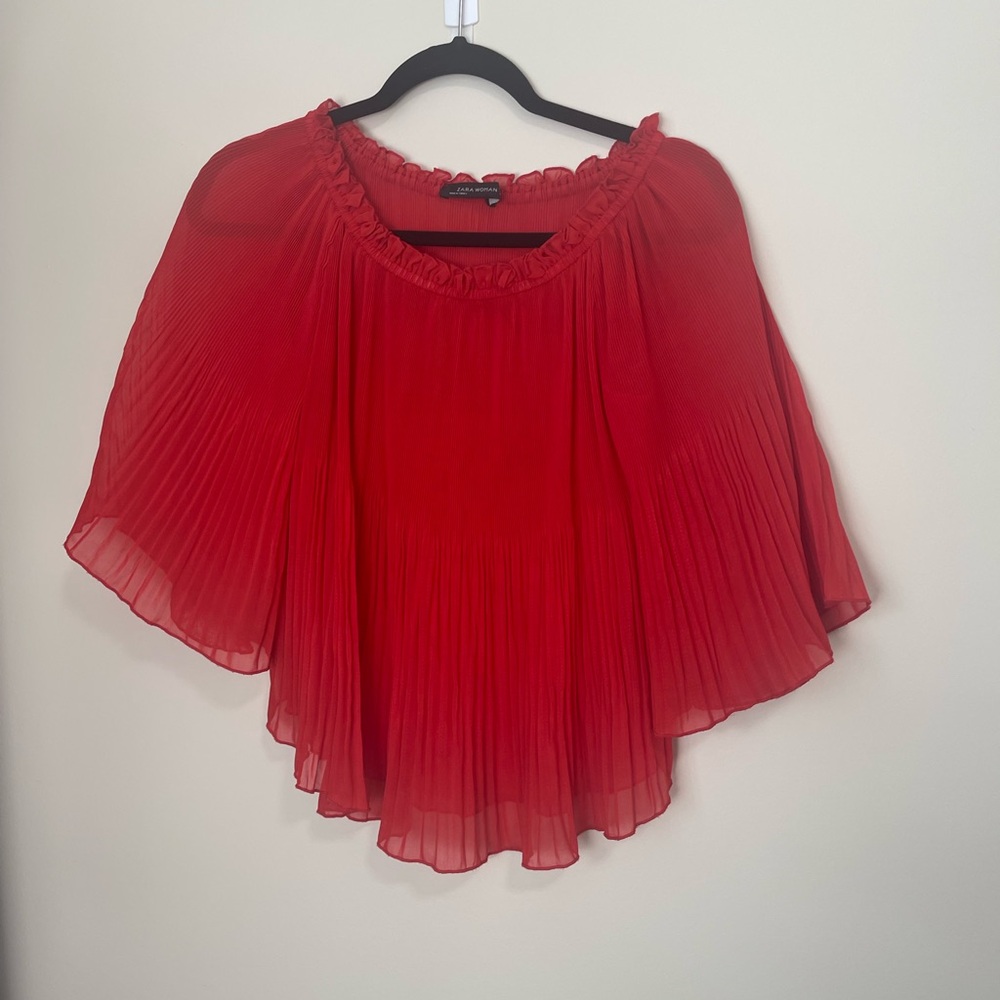 ZARA Woman Red Pleated Off-Shoulder “Flowy” Blouse with 3/4 sleeves Size XS - Picture 13 of 17